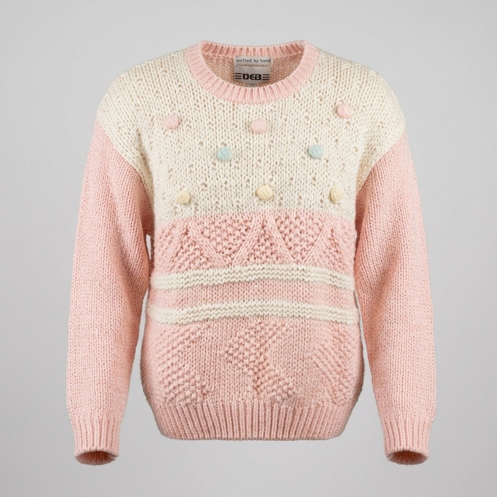 VTG Deb 80s Hand Knitted Sweater Lg Pastel Pink Cream Pom Poms Ramie Blend Retro